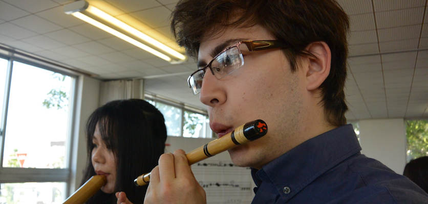 Student learning to play the Shinobue, a Japanese flute used in Kabuki theater