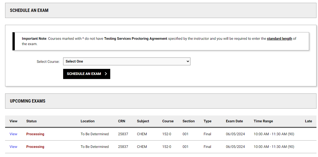 screenshot of scheduling exam page