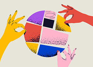 Three illustrated hands in yellow, red, and pink hold colorful geometric pieces of a circular puzzle. The circle is divided into vibrant sections in red, yellow, blue, purple, and pink, some with speckled textures. The hands appear to be assembling or adjusting the pieces on a light background.