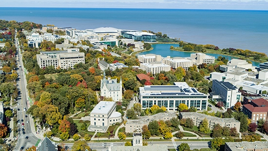 sky view of Evanston campus on lake