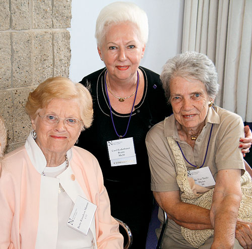 From left, Bette Knudson Martin (C37), Carol Loderbauer Beatty (Mu56) and Edie Van Tuyle  Phelan (J46) at the Half Century Club reception